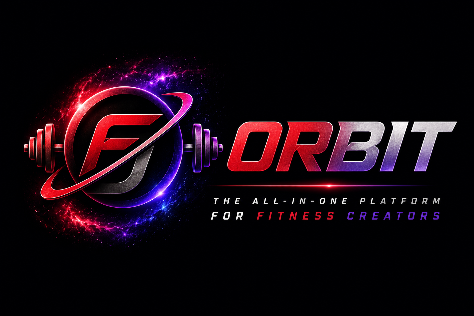 Orbit — the all-in-one platform for fitness creators: glowing red and purple dumbbell orbit logo banner