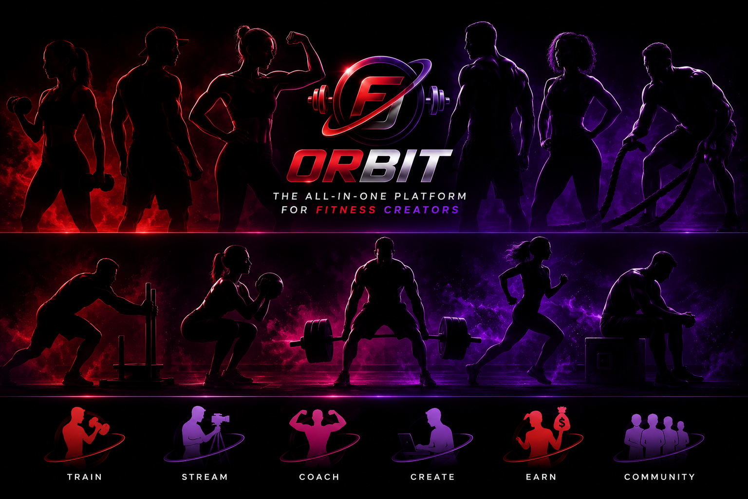 Orbit — branded silhouette collage of fitness creators training, lifting and streaming, uploaded Orbit hero image